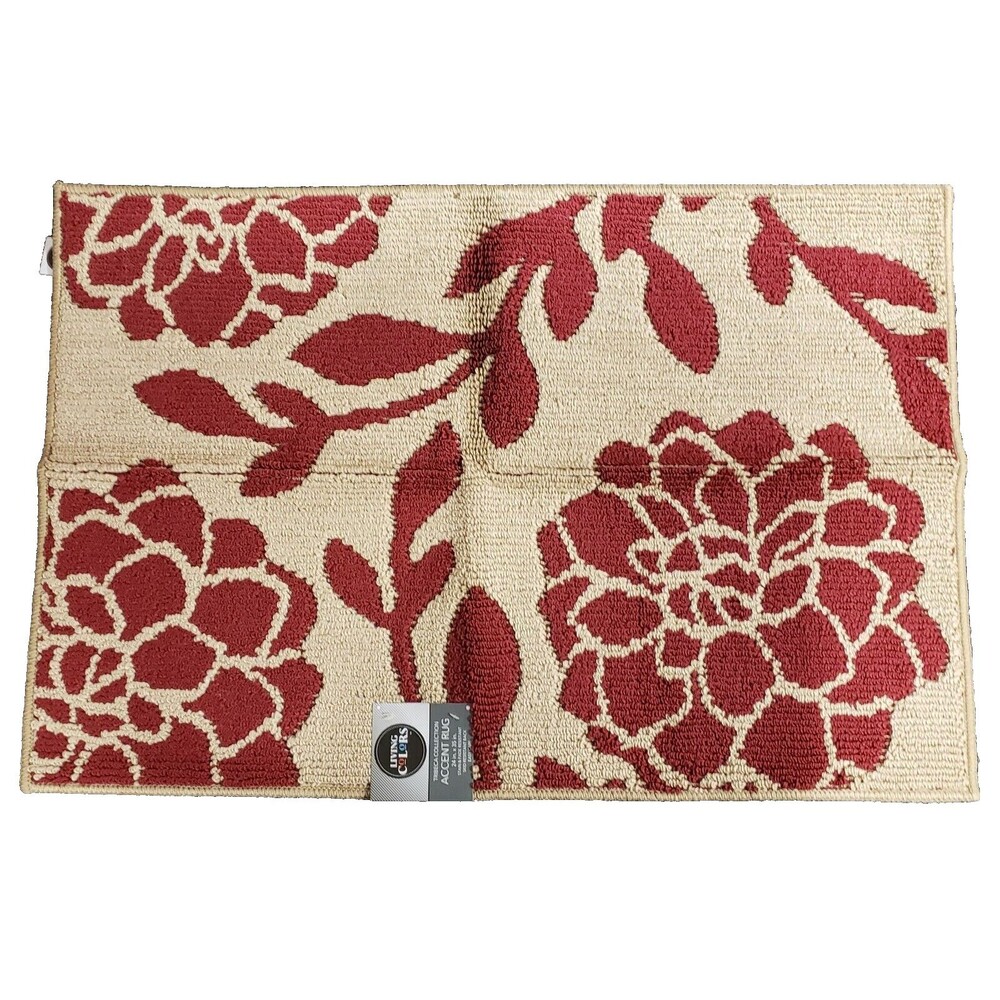 EXTRA LARGE BRAIDED KITCHEN OLEFIN RUG (24" x 35") RED FLOWERS ON OFF WHITE, LC